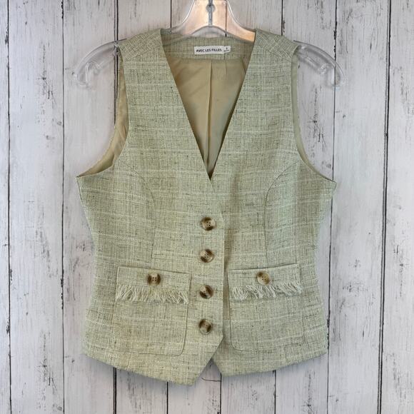 Avec Les Filles Green Textured Tweed Suit Vest Fringe Pockets V-Neck Size Small - Picture 2 of 13